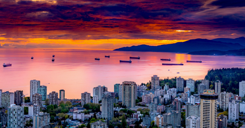 Panoramic image of Vancouver Harbour at sunset